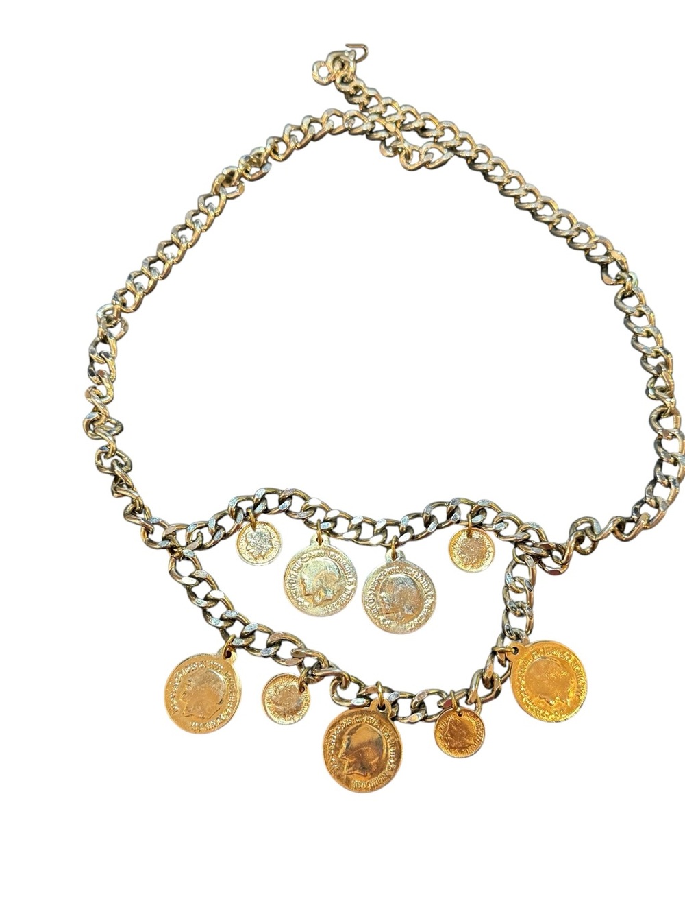 VTG 70s Gold Tone Chain Belt Coin Medallions  Chunky Curb Link Double Layer 36”